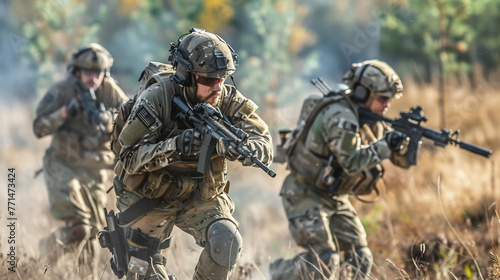 Military personnel in action, wearing combat uniforms and tactical gear, representing the armed services' commitment to defense.