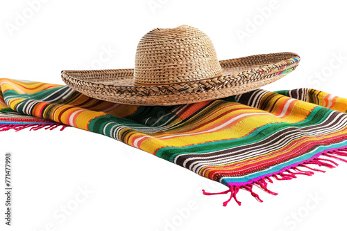 colorful mexican blanket and straw sombrero hat isolated on transparent 
