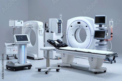 A hospital room with a large MRI machine. The room is bright and clean, with a modern design. The machine is the main focus of the room, and it is surrounded by medical equipment and furniture