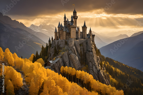 Dark giant black castle in a fantasy world. Scary castle.