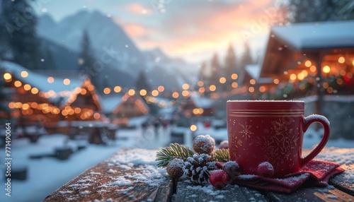 Cup of hot drink, such as coffee, on winter background.