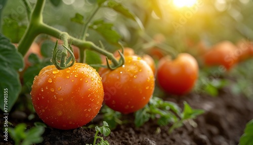Delicious ripe tomatoes dot in a picturesque garden.