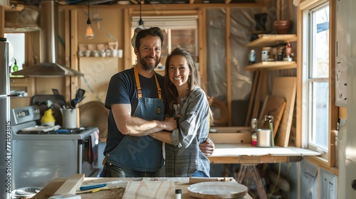 A young couple standing in a wood shop. The man is wearing an apron and the woman is wearing a plaid shirt.