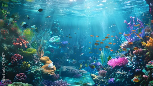 Underwater world full of life. Colorful fishes swim near a beautiful coral reef in the clear blue ocean.
