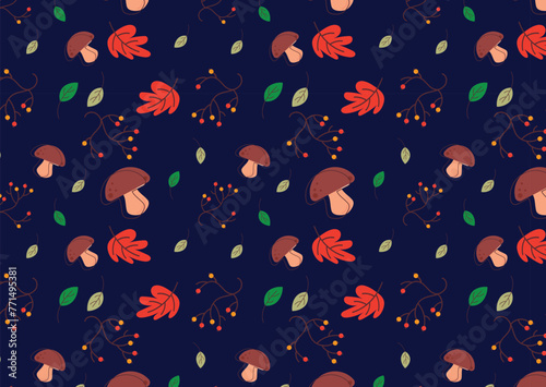 Indian Summer Seamless pattern in oriental geometric traditional style. Leaves, rowanberry and mushroom with coloured background blue, light colour. vector Designed by Vishal Singh 