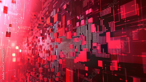 3D rendering of a circuit board with red glowing elements. The background is dark, with a red light shining from the center of the board.