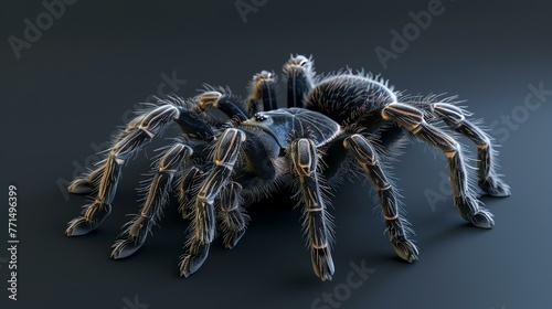 A dark and hairy tarantula is perched on a solid surface. Its legs are curled up in front of it, and it is looking at the camera.