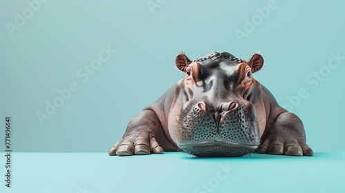 A cute hippopotamus is resting on a blue background. The hippo is looking at the camera with a curious expression.