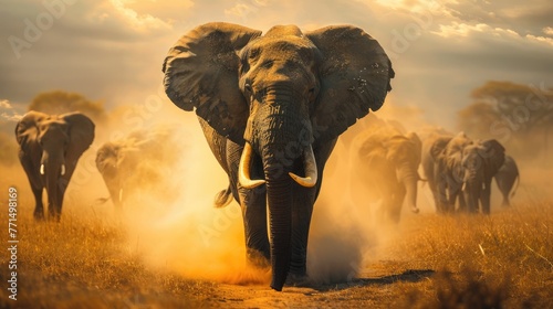 wise old elephant leading herd through african savannah with dust kicked up by their footsteps