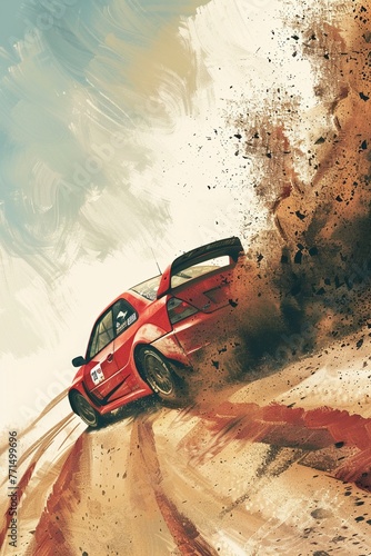 Draw a rallycross car kicking up dirt as it drifts around a hairpin turn