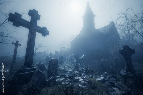 Mysterious Foggy Cemetery with Vintage Gravestones and Gothic Chapel during Twilight