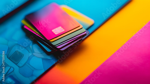 A colorful stack of credit cards.