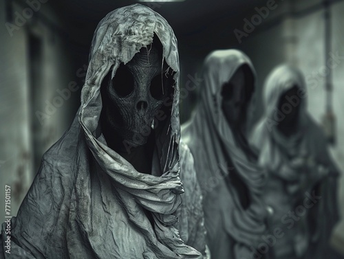 Tormented Asylum Spirits Wraith-like apparitions with hollow eyes and tattered clothing, their ethereal forms flickering and phasing as they seek vengeance upon the living