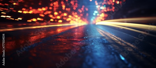 A car with automotive lighting driving along a wet asphalt road under an electric blue sky, with blurry clouds and the reflection of street lights on the water surface