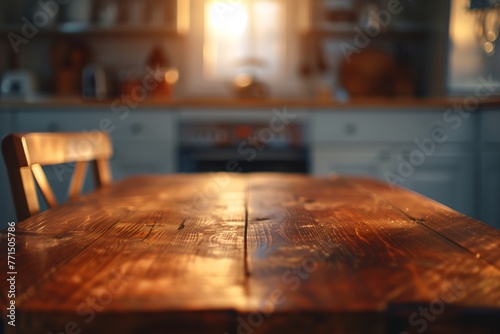 Kitchen table, blurry background.