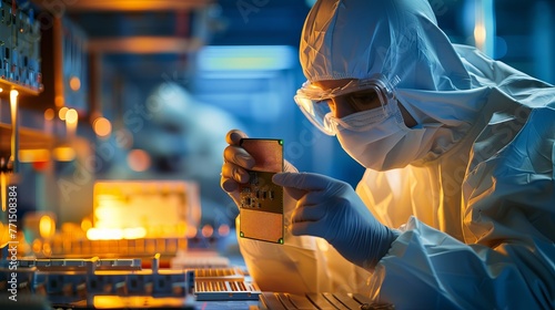A design engineer in a cleanroom manufacturing facility examines a microchip wearing gloves and a sterile coverall.