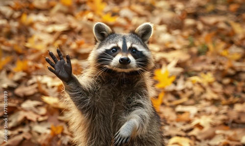 A playful raccoon looks directly at the camera, waving with one paw amidst a bed of vibrant autumn leaves, giving a human-like gesture