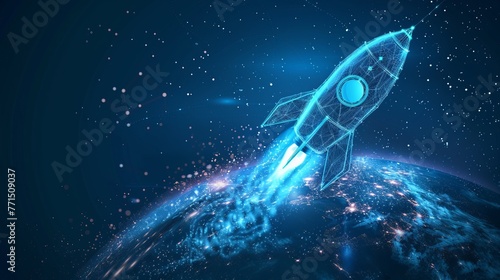 A digital rocket orbits Earth in space. Abstract blue background and 3D-effect wireframe illustration.