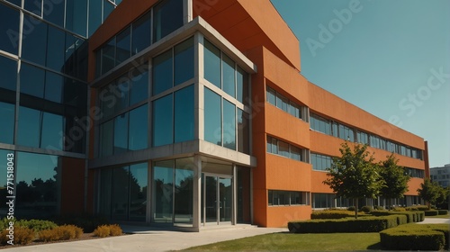 Streetview facade of generic modern orange theme government office building with lawn and bushes in front and clear blue sky from Generative AI
