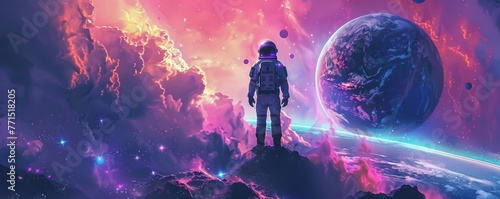 Abstract portrayal of cosmic adventure in stunning poster art Astronaut silhouette stands against surreal space backdrop featuring distant planets and celestial sands