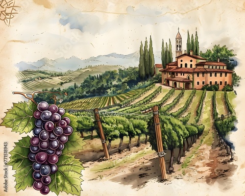 Captivating Tuscany Vineyard Landscape with Rustic Villa and Lush Grape Vines