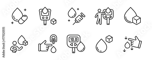 blood sugar glucose treatment icon vector set diabetes health check measurement dropped blood sign line illustration