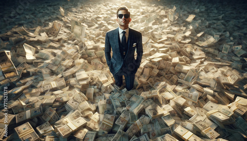 Confident billionaire sitting on a huge pile of various banknotes. Wealth and prosperity concept.