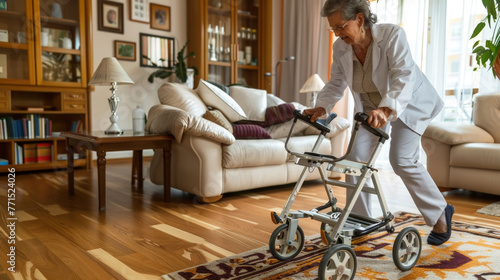 A woman is pushing a walker in a living room, assisting her mobility. The room is well lit, and furniture can be seen around her