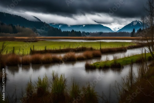 Overlooking the Pitt River and Pitt-Addington Marsh lagoons in Pitt Polder, close to Maple, are ominous clouds covered in rain on a chilly spring day