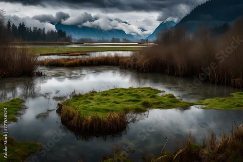 Overlooking the Pitt River and Pitt-Addington Marsh lagoons in Pitt Polder, close to Maple, are ominous clouds covered in rain on a chilly spring day