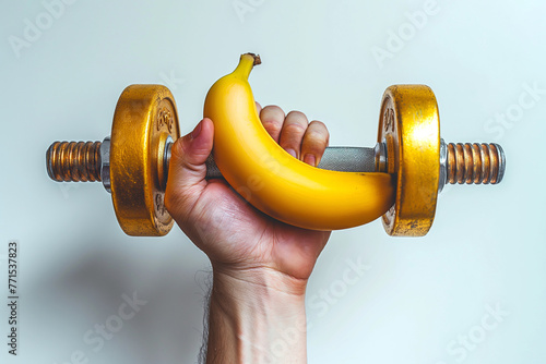 Hand with banana and dumbbell. Exercise and consuming fruits contribute to good health, and regular physical activity helps prevent erectile dysfunction issues in men. generative ai illustration.