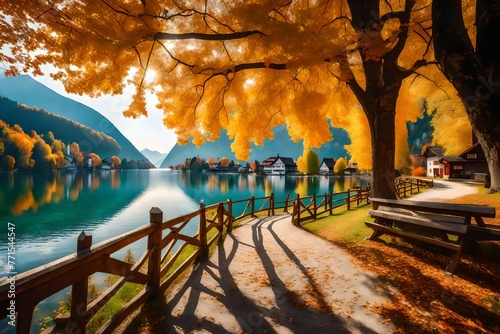 Gorgeous scenery of fall. Lovely, charming alleyway with vibrant trees next to the well-known Alpine Lake Grundlsee. scenic view of a sunny day in the woodland. breathtaking backdrop of nature