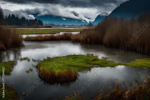 Overlooking the Pitt River and Pitt-Addington Marsh lagoons in Pitt Polder, close to Maple, are ominous clouds covered in rain on a chilly spring day