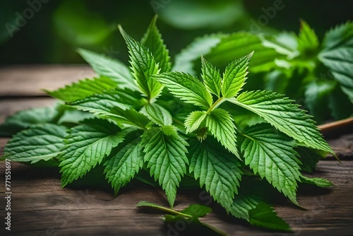 Fresh leaves of stinging nettle on a wooden surface.Urtica dioica, popularly known as nettle.