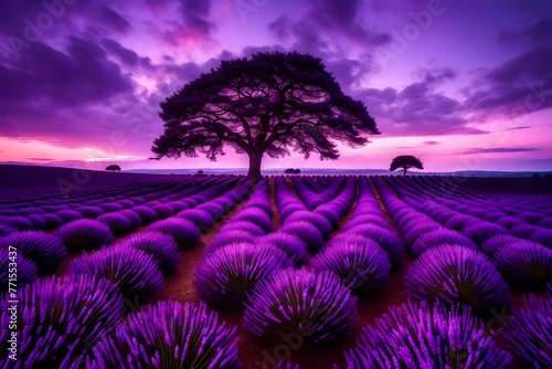 Gorgeous lavender landscape with a lone tree at dawn beneath a breathtaking sky.