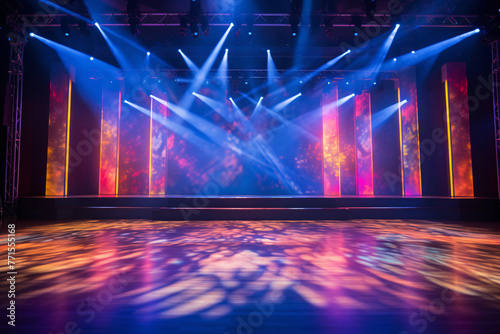 Modern dance stage light background with spotlight illuminated for modern dance production stage. Empty stage with creative lighting. Stage lighting art design. Entertainment show. Generative AI.