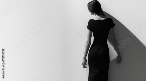 Minimalist poster featuring silhouette of woman in sleek black dress against a white background, exuding elegance and simplicity in design