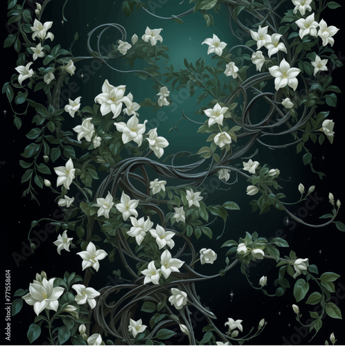 Starry Night and Jasmine Vines: A captivating digital artwork that weaves jasmine vines with their lush, white flowers across a starlit night sky, evoking a sense of peaceful beauty and mystery