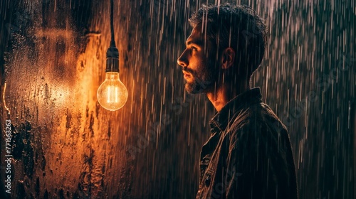 Portrait of a handsome young man in the rain with a light bulb.