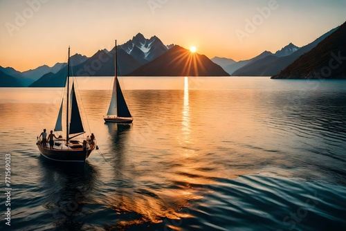 A luxurious summertime trip on a sailboat in the water during the sunset light with a backdrop of stunning mountains, an action-packed vacation.