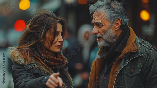 Mature Man and Young Woman Engaged in Conversation on City Street at Dusk