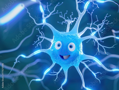 Animated neuron cell with a friendly face and glowing dendrites on a dark blue electrified background