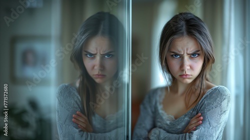 Young Woman Reflecting Emotion in Mirror