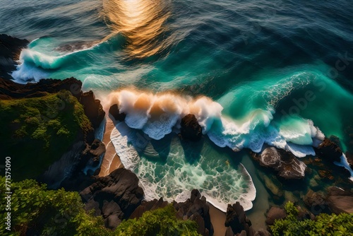 From above Waves, a bright sunset, and a rocky shore. Bali drone footage.
