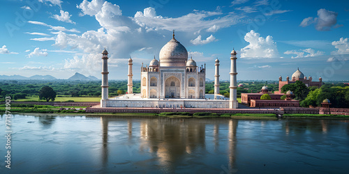 Famous Taj Mahal Mausoleum on the bank of the Yumana river in Agra, India. generative ai 