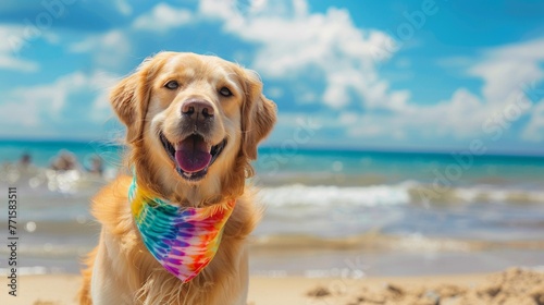 TieDye Bandana Illustrate the dog wearing a tiedye bandana around its neck, with vibrant swirls of color complementing its playful antics on the beach ,clean sharp