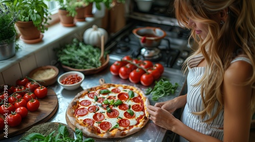 Woman is cooking pizza margarita in cozy home kitchen. Female hands are decorating italian dinner with greens, fresh basil, arugula. 