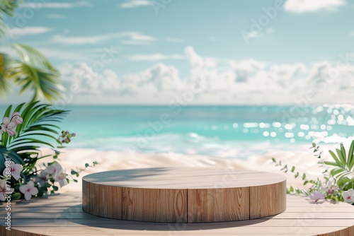 Summer product display on wooden podium at sea tropical beach.