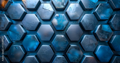 Close up of an electric blue hexagonal pattern on a metal grille wall