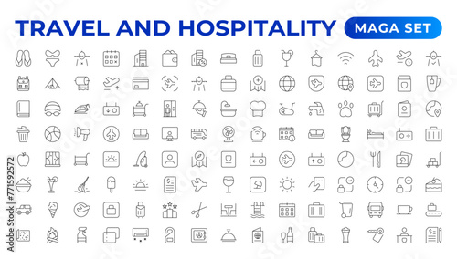 Set of outline icons related to the hospitality industry. Editable stroke. Vector illustration.Travel set. Summer vacations and holiday symbol vector illustration. traveling tourism elements.